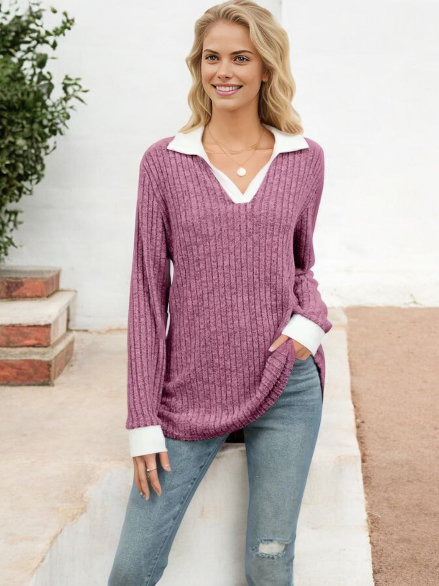 Collared Ribbed Knit Sweater with Contrast Trim Cuffs