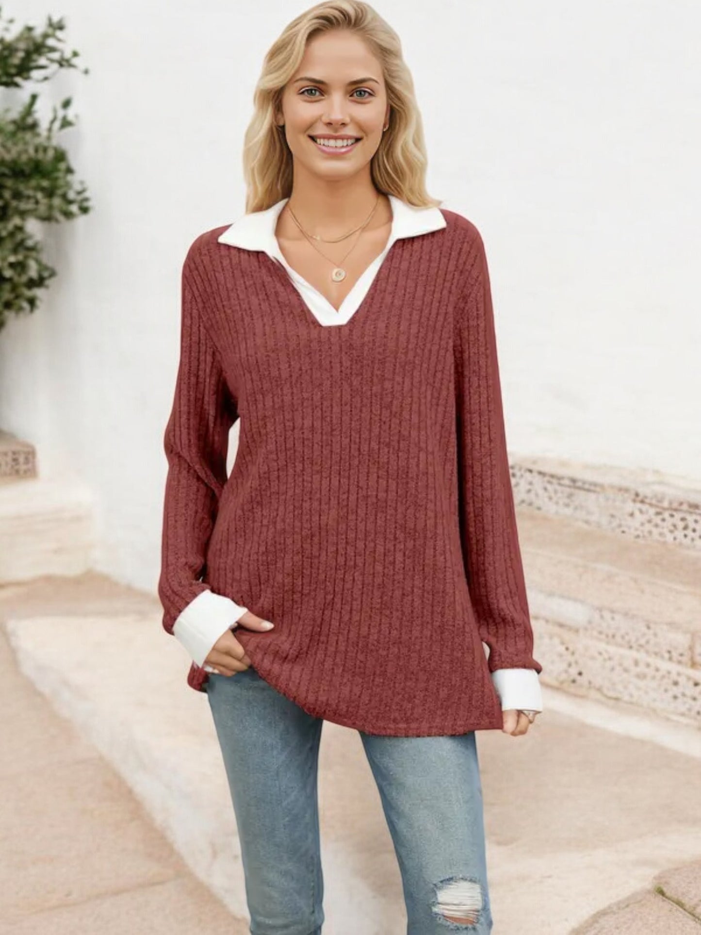 Collared Ribbed Knit Sweater with Contrast Trim Cuffs