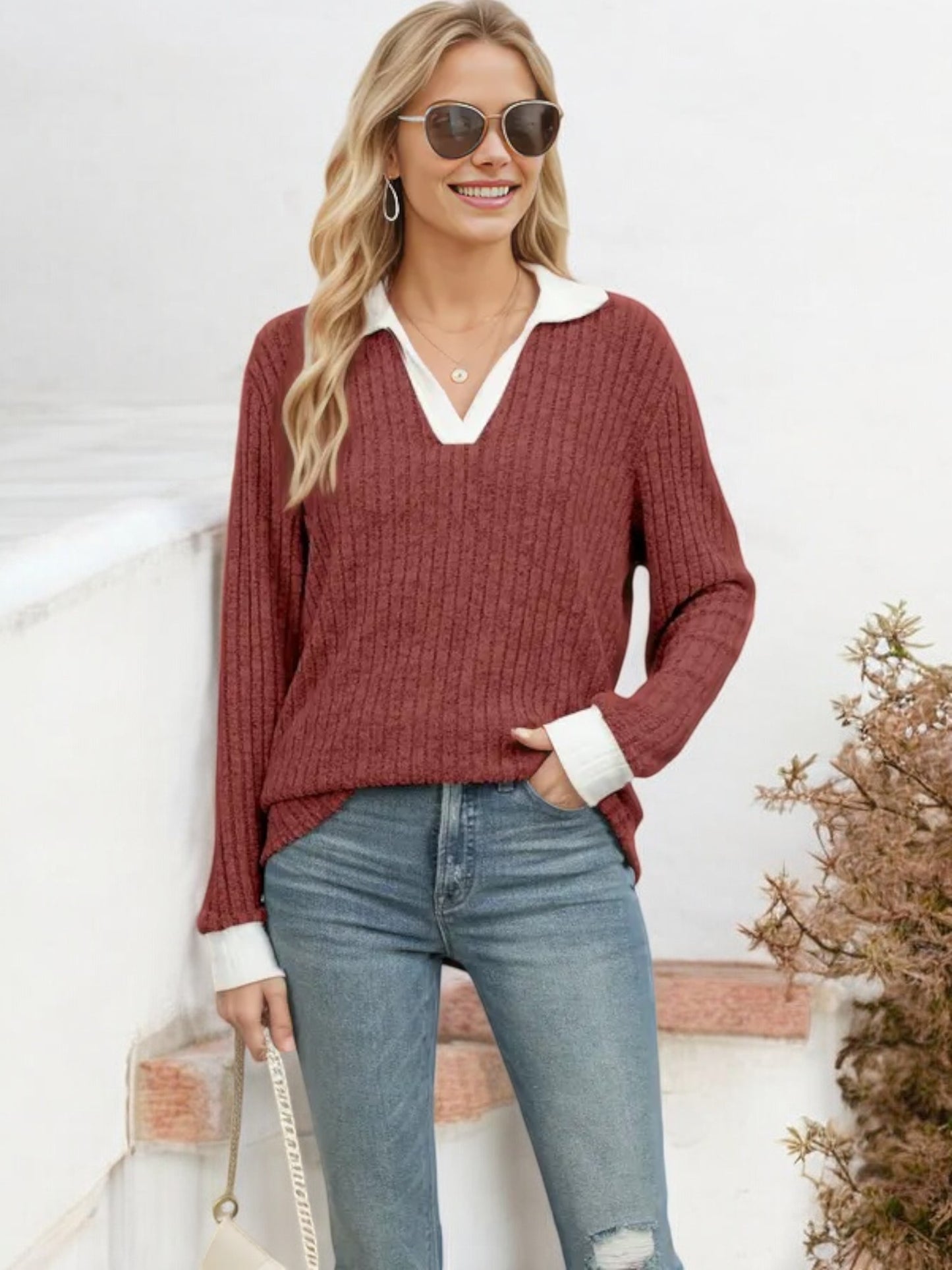 Collared Ribbed Knit Sweater with Contrast Trim Cuffs