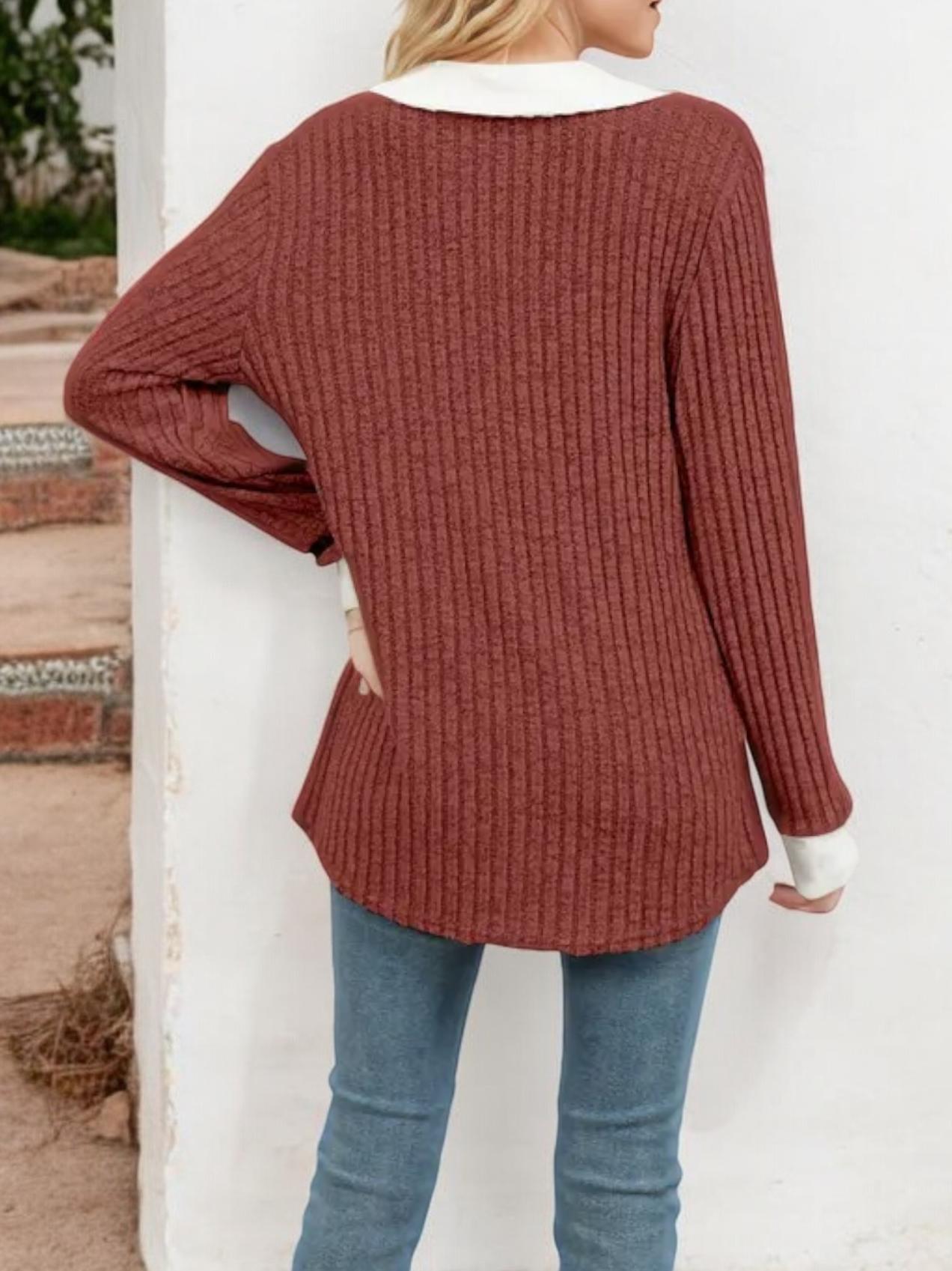 Collared Ribbed Knit Sweater with Contrast Trim Cuffs