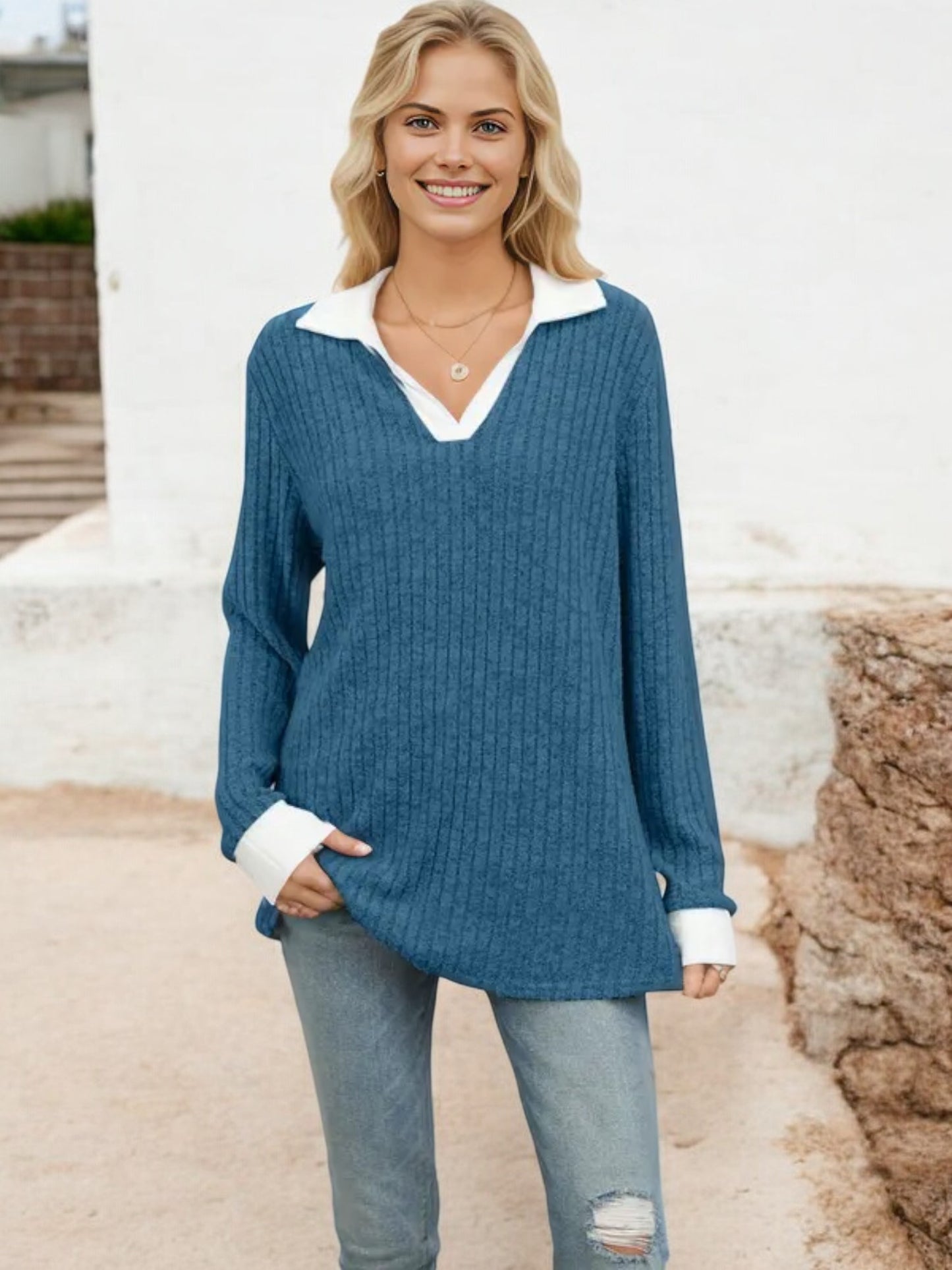 Collared Ribbed Knit Sweater with Contrast Trim Cuffs