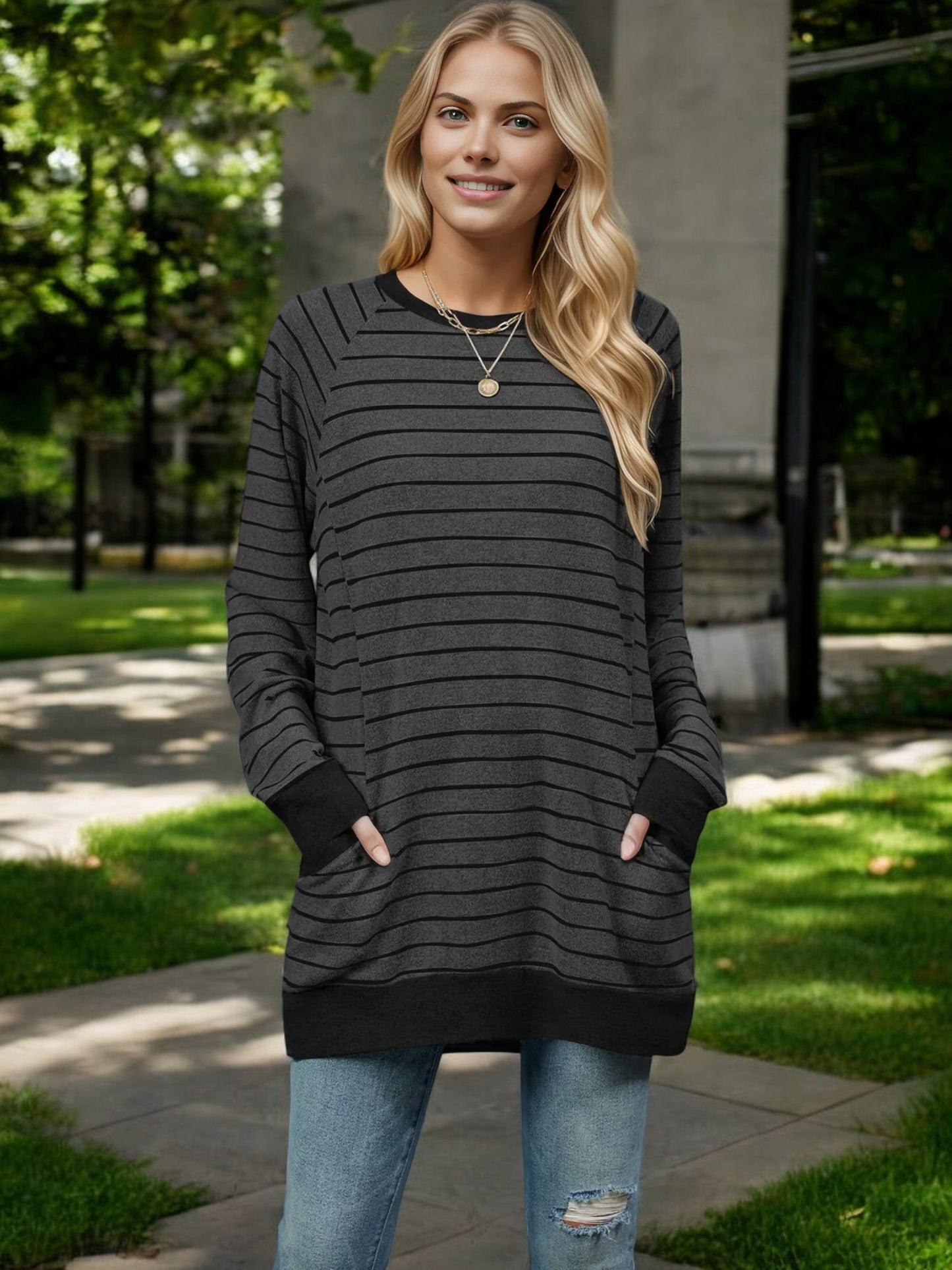 Oversized Striped Long Sleeve Top with Relaxed Fit