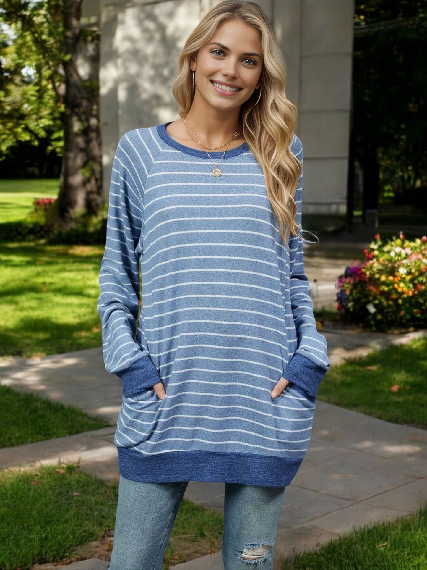Oversized Striped Long Sleeve Top with Relaxed Fit