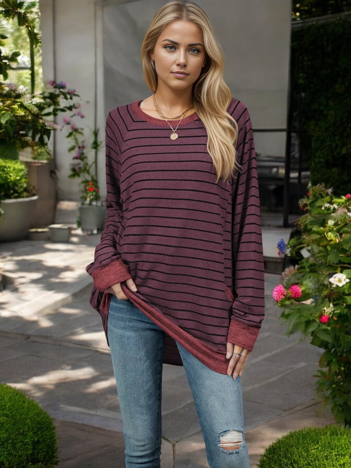 Oversized Striped Long Sleeve Top with Relaxed Fit