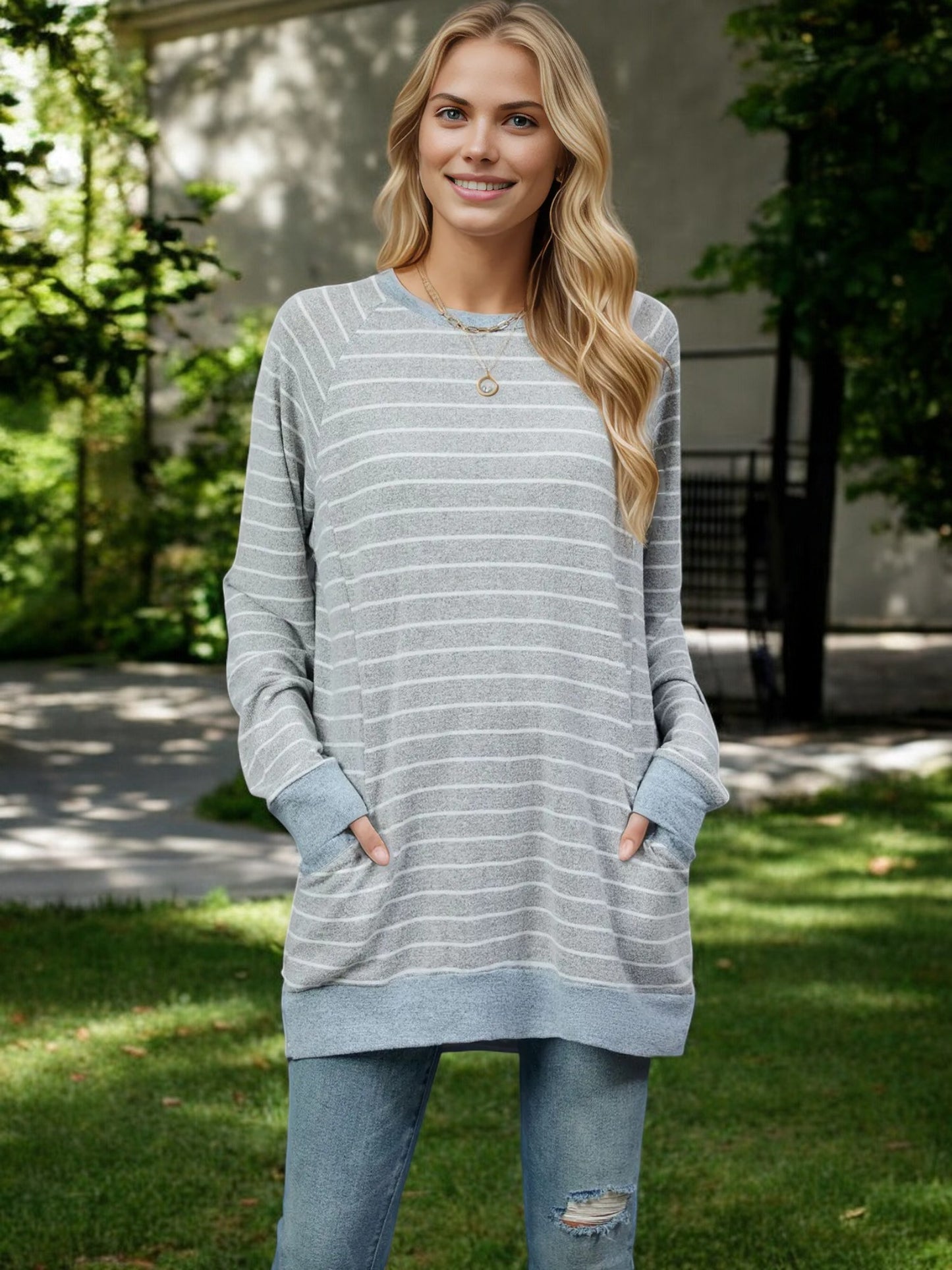 Oversized Striped Long Sleeve Top with Relaxed Fit