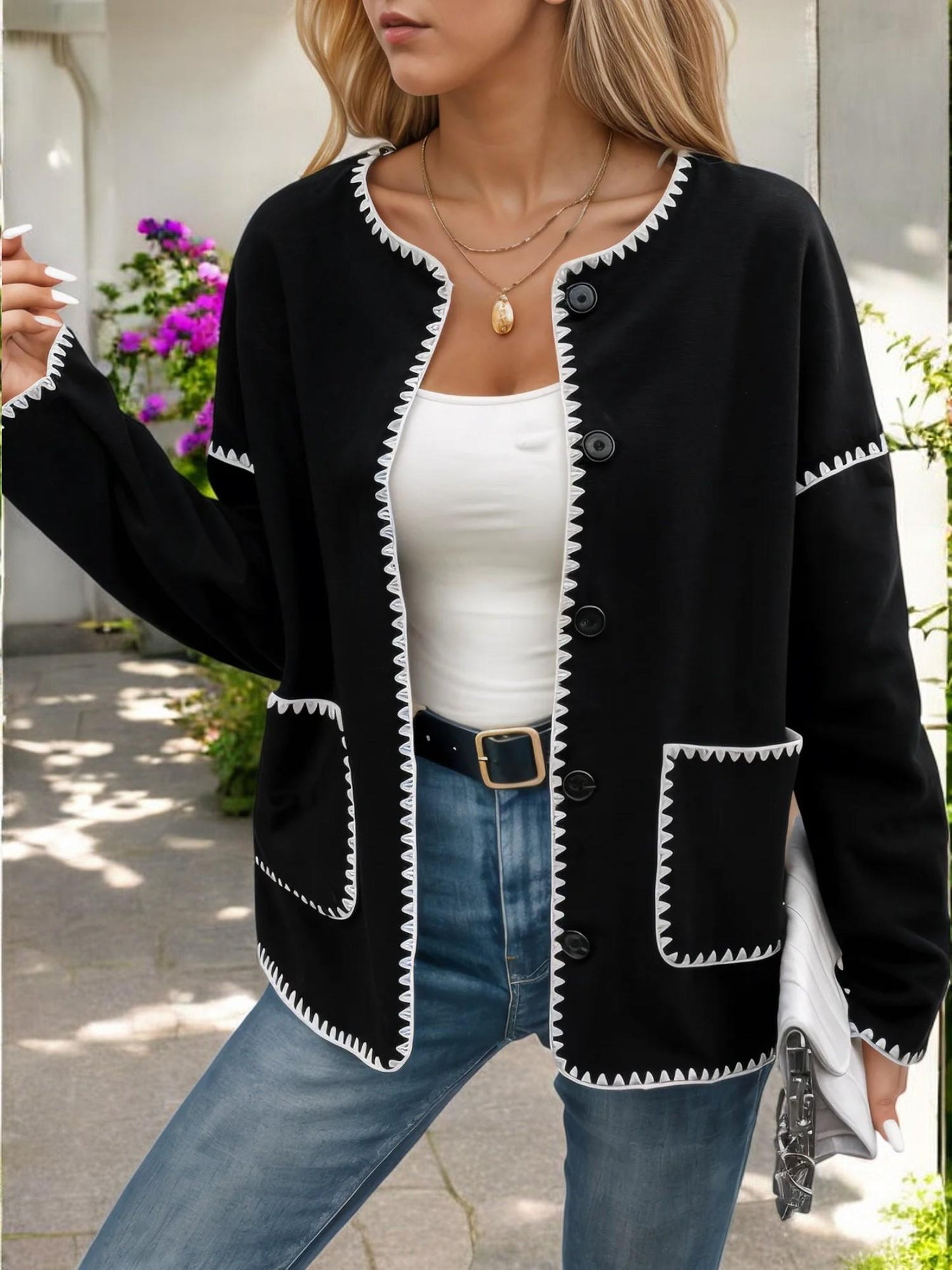 Contrast Trim Button-Up Cardigan with Front Pockets