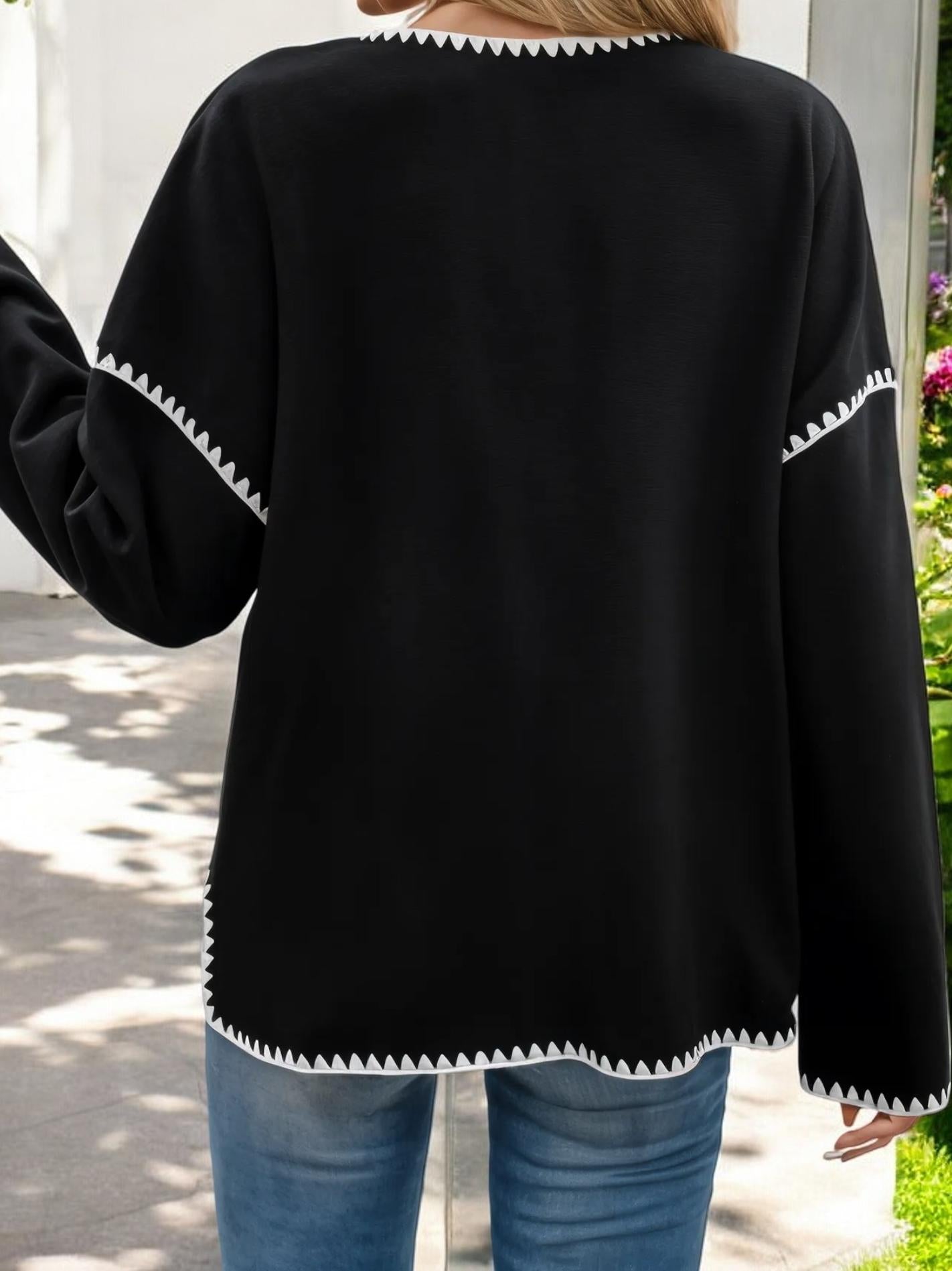 Contrast Trim Button-Up Cardigan with Front Pockets