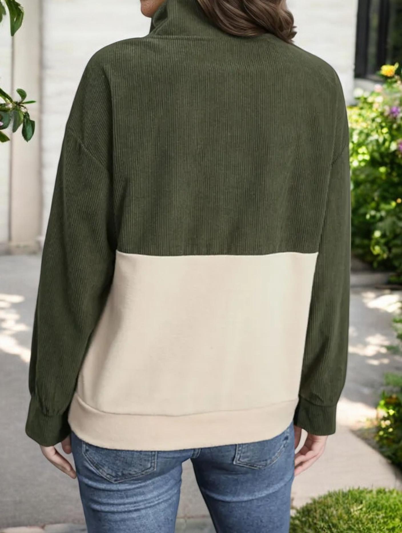 Colorblock Corduroy Button-Up Shirt with Collared Neck