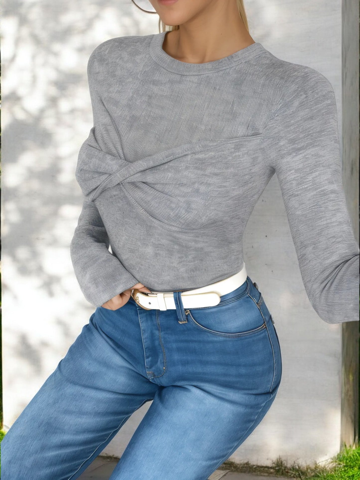 Long Sleeve Twist Front Knit Top with Crew Neck