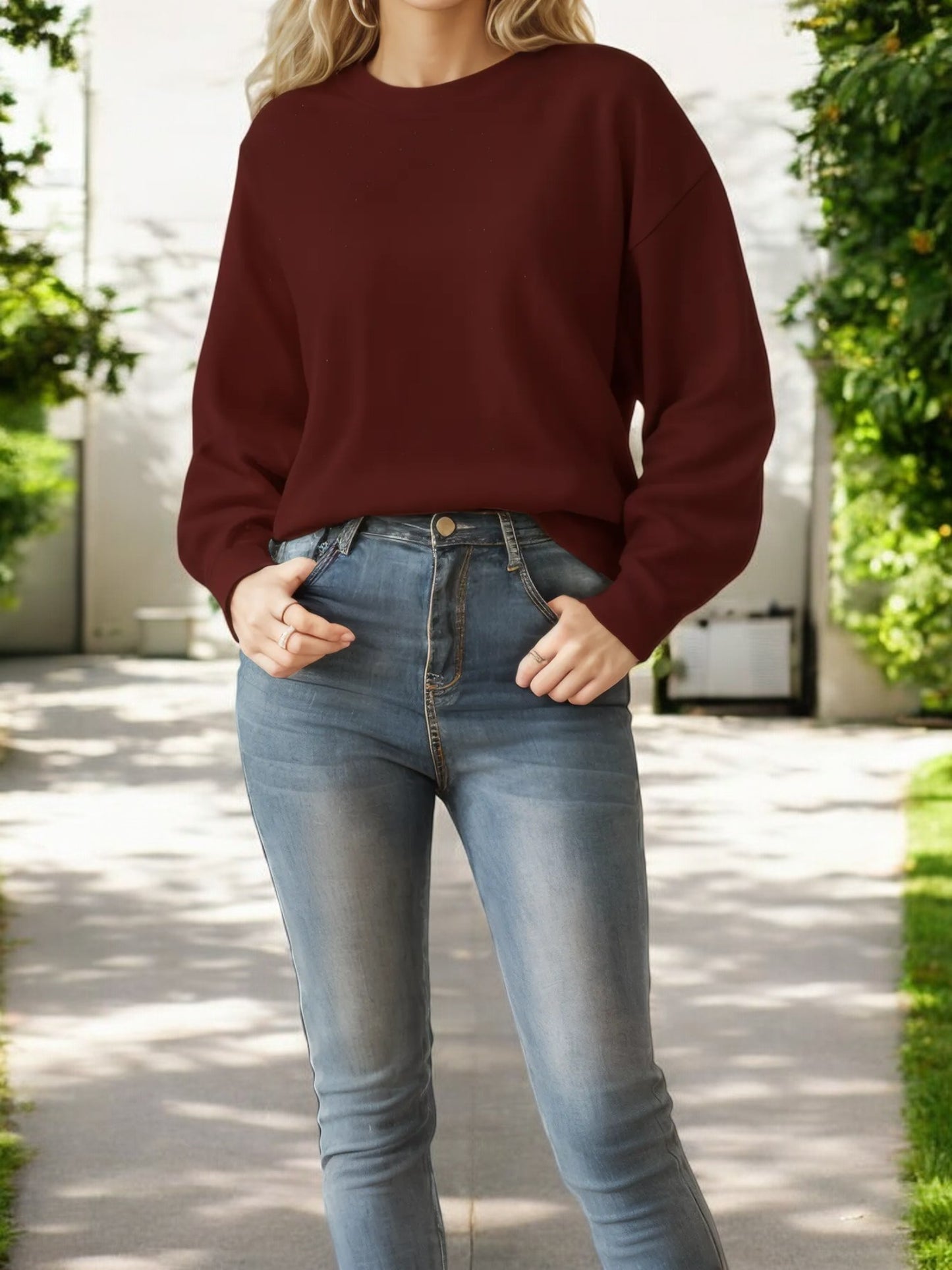 Classic Crewneck Pullover Sweater with Ribbed Hem