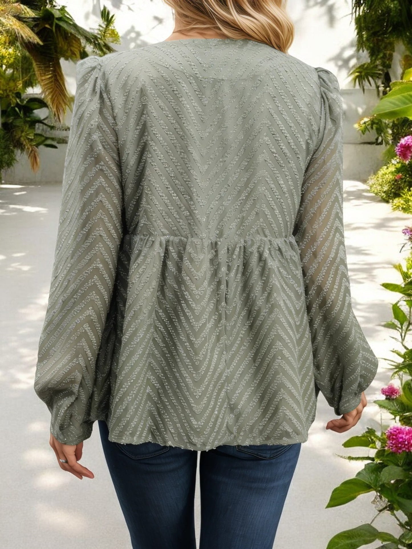 Long Sleeve Textured Peplum Blouse with Button Front Detail