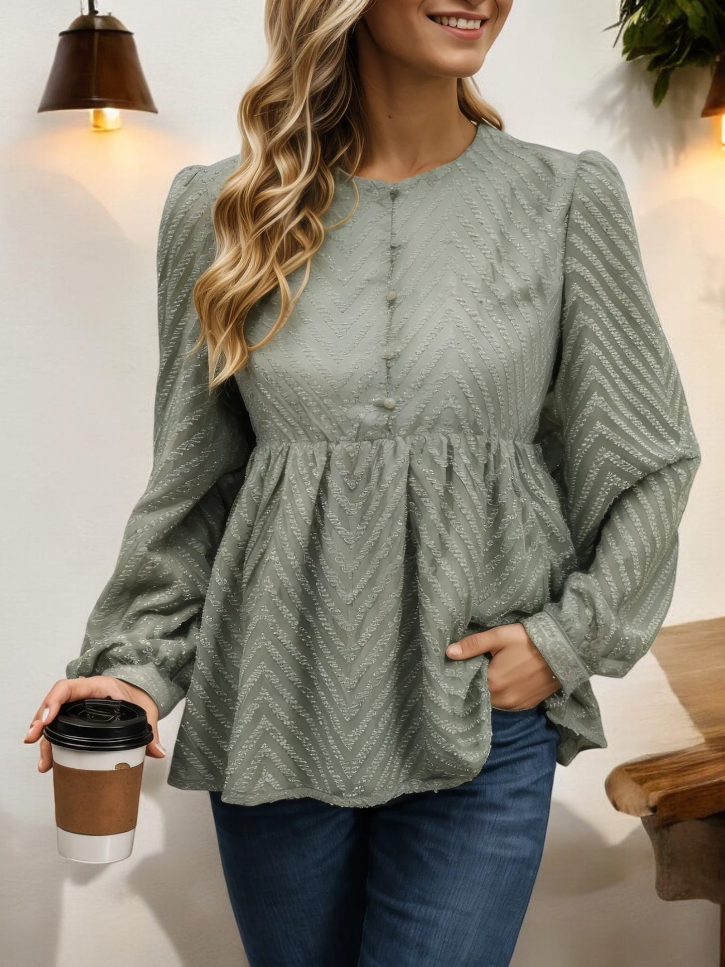 Long Sleeve Textured Peplum Blouse with Button Front Detail