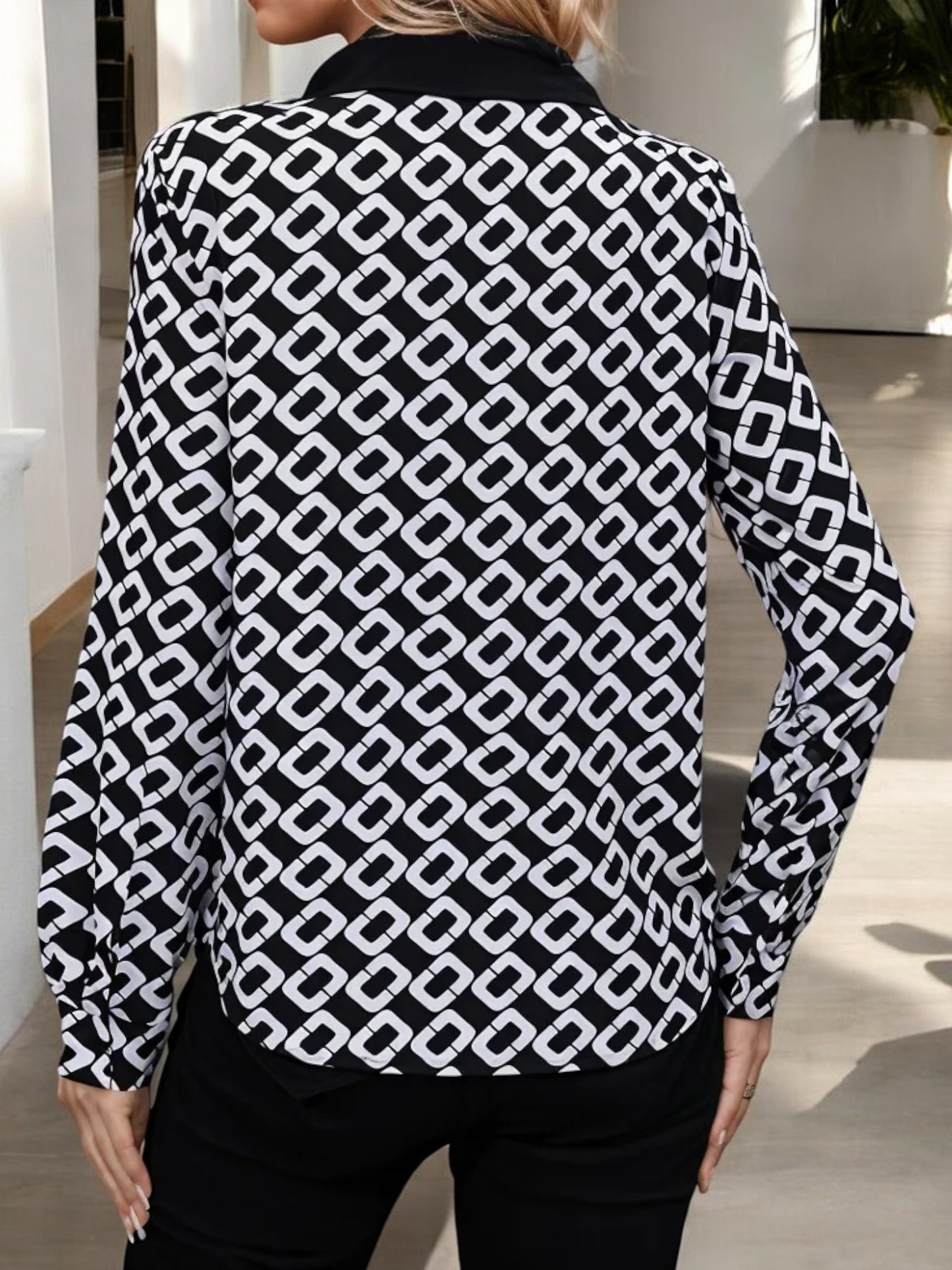 Geometric Print Long Sleeve Blouse with Tie Neck Detail