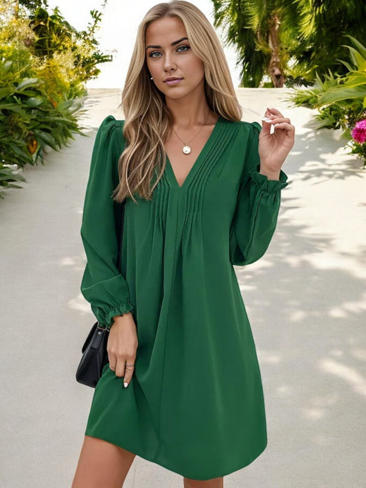 Long Sleeve V-Neck Shift Dress with Pleated Detail