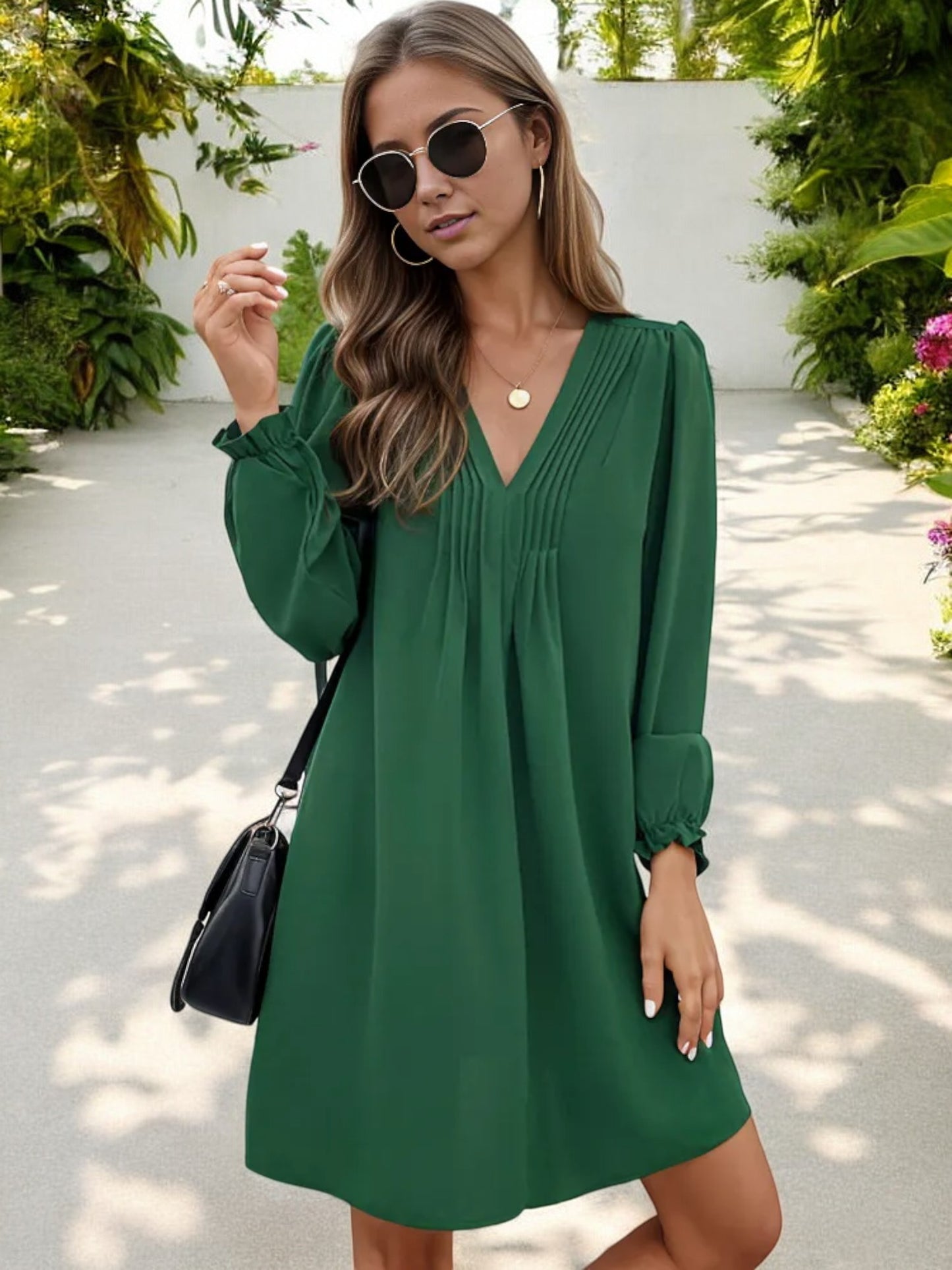Long Sleeve V-Neck Shift Dress with Pleated Detail