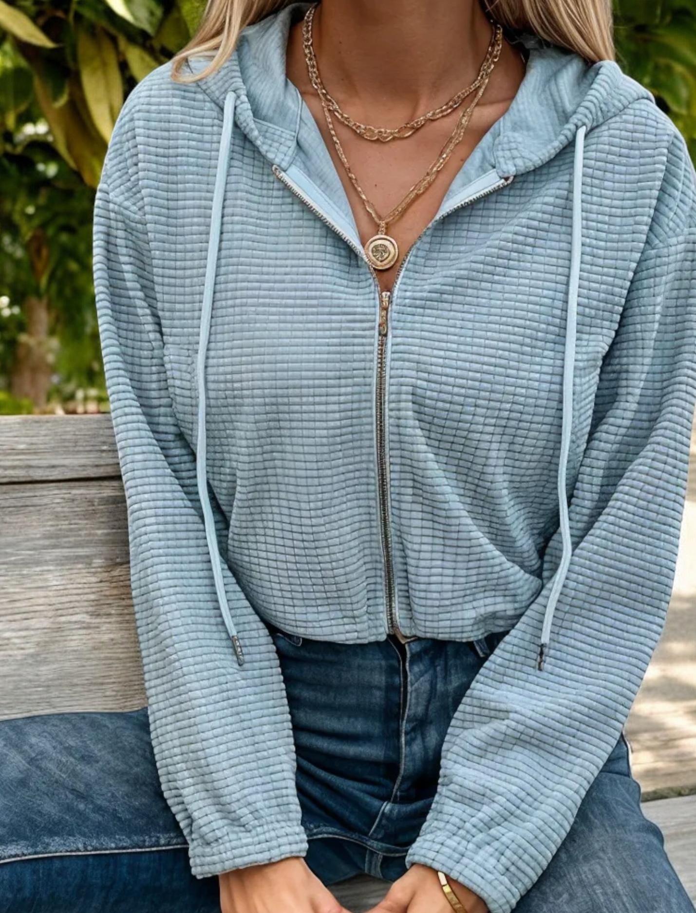Cropped Waffle Knit Zip-Up Hoodie with Drawstring
