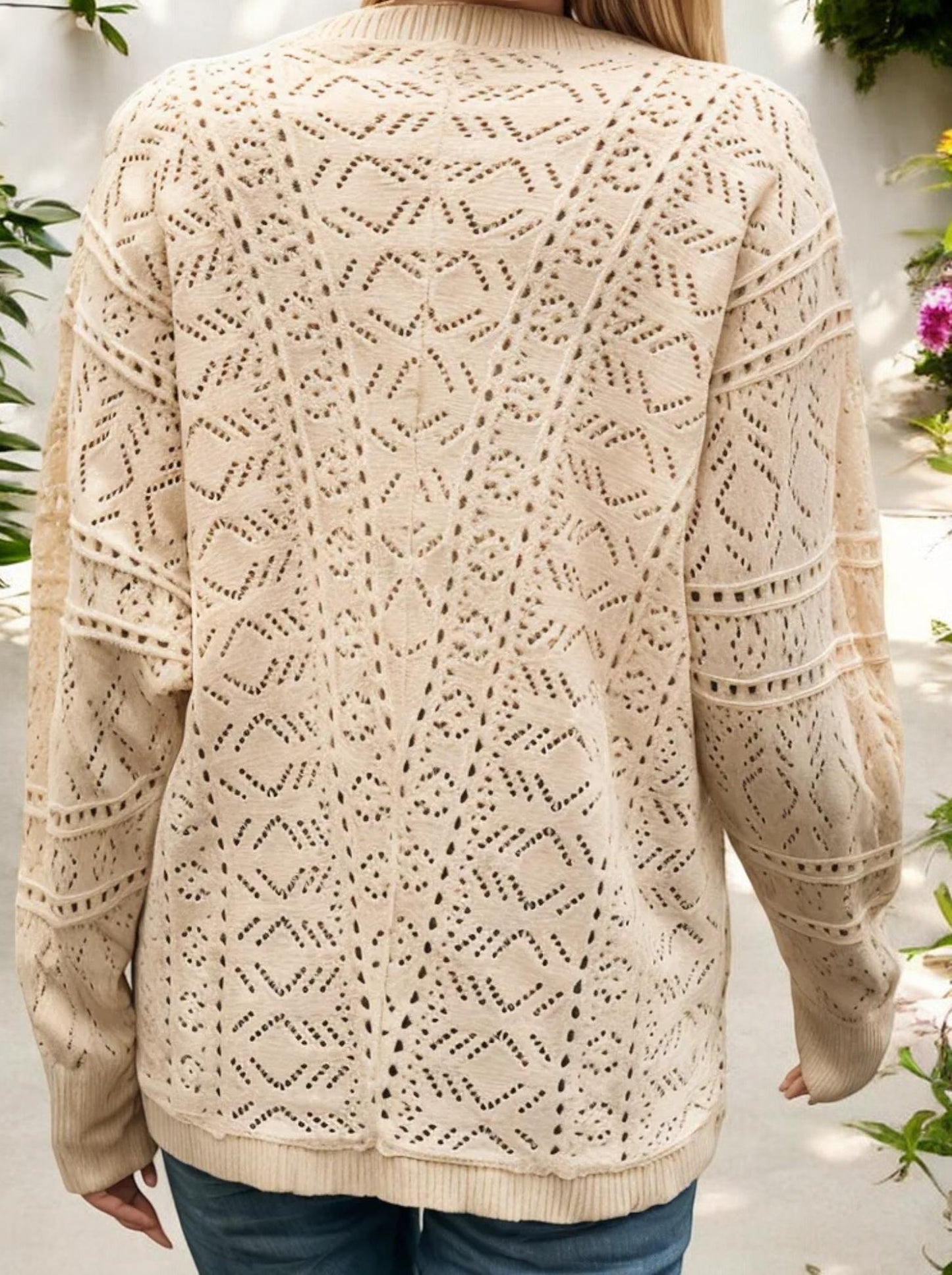 Open Knit Cardigan with Long Sleeves and Relaxed Fit