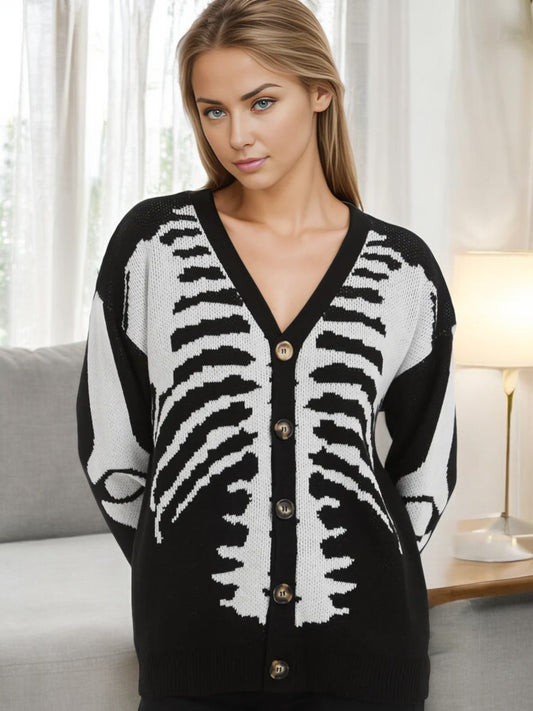 Skeleton Print Button-Up Cardigan with V-Neck