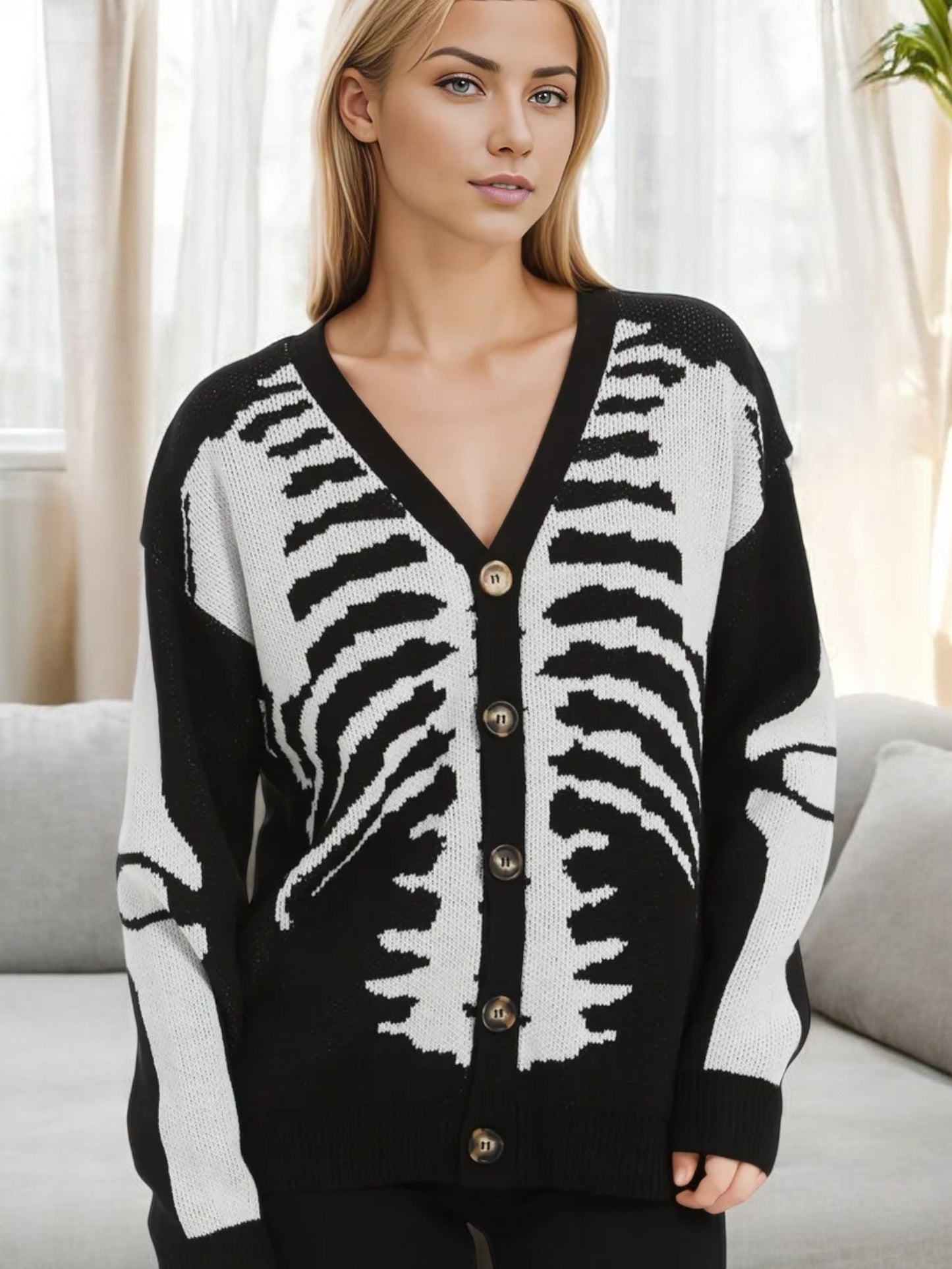 Skeleton Print Button-Up Cardigan with V-Neck
