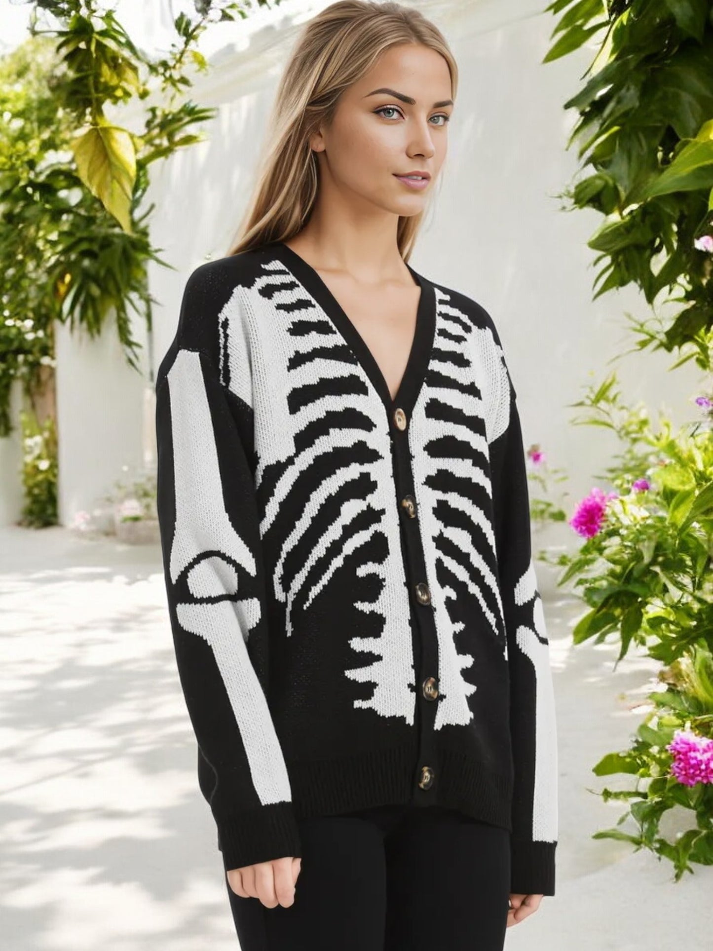 Skeleton Print Button-Up Cardigan with V-Neck
