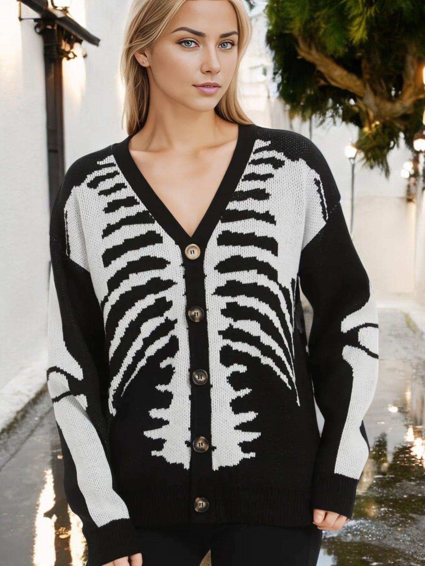 Skeleton Print Button-Up Cardigan with V-Neck