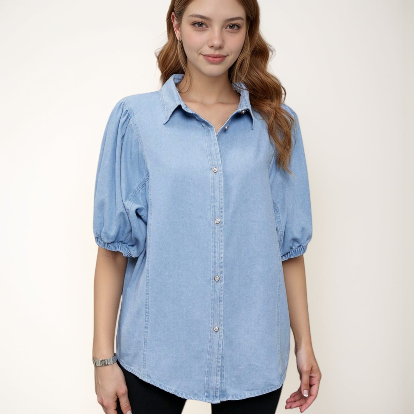 Anna-Kaci Women's Denim Button Down Shirt with Puff Elbow Sleeves and Relaxed Collared Fit