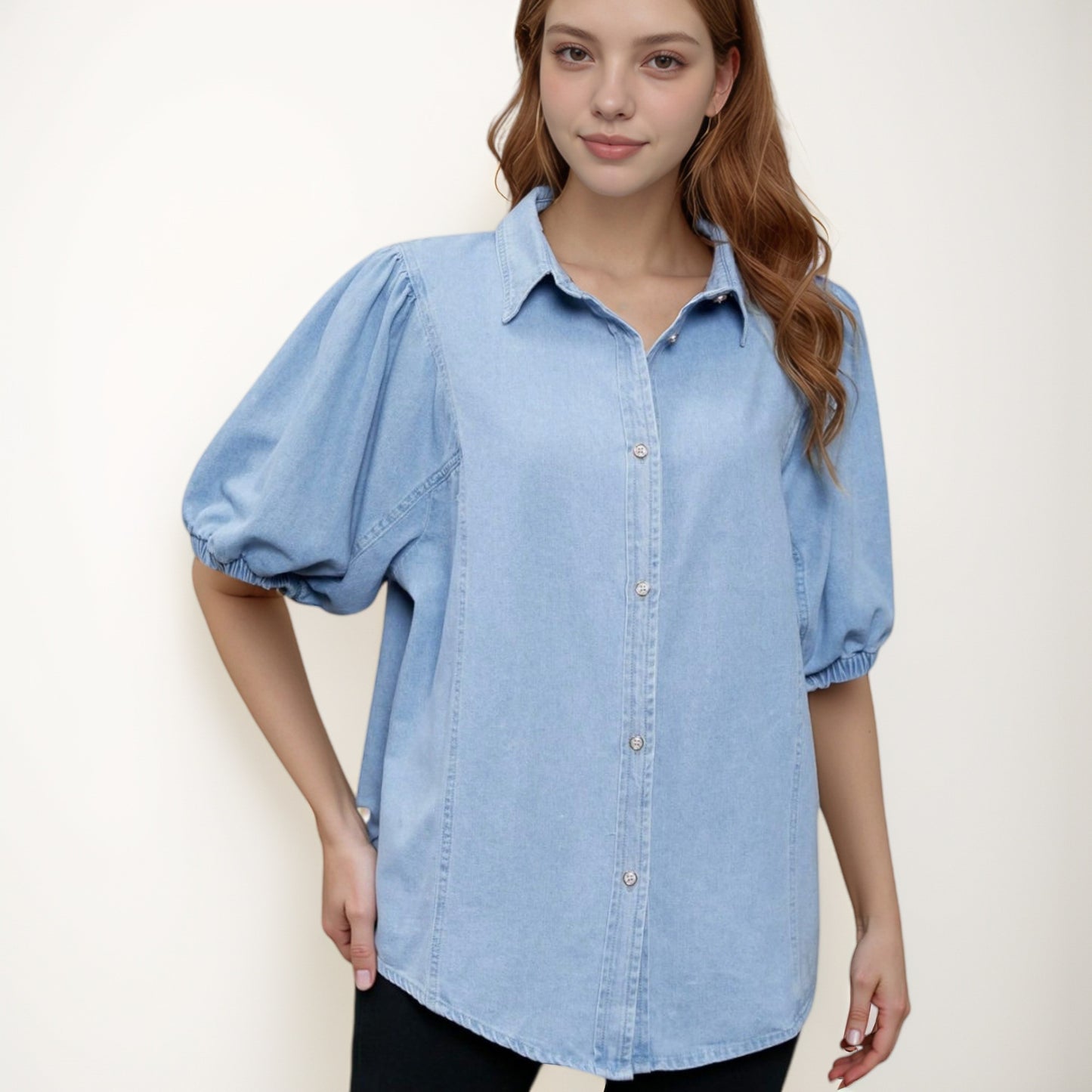 Anna-Kaci Women's Denim Button Down Shirt with Puff Elbow Sleeves and Relaxed Collared Fit