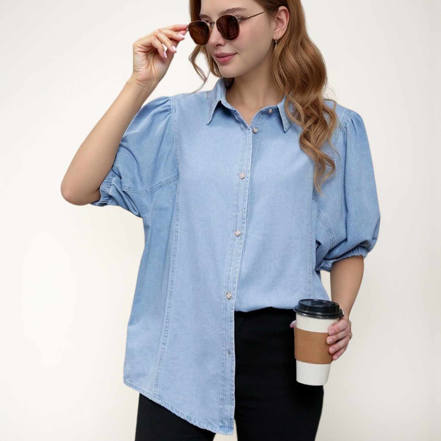 Anna-Kaci Women's Denim Button Down Shirt with Puff Elbow Sleeves and Relaxed Collared Fit