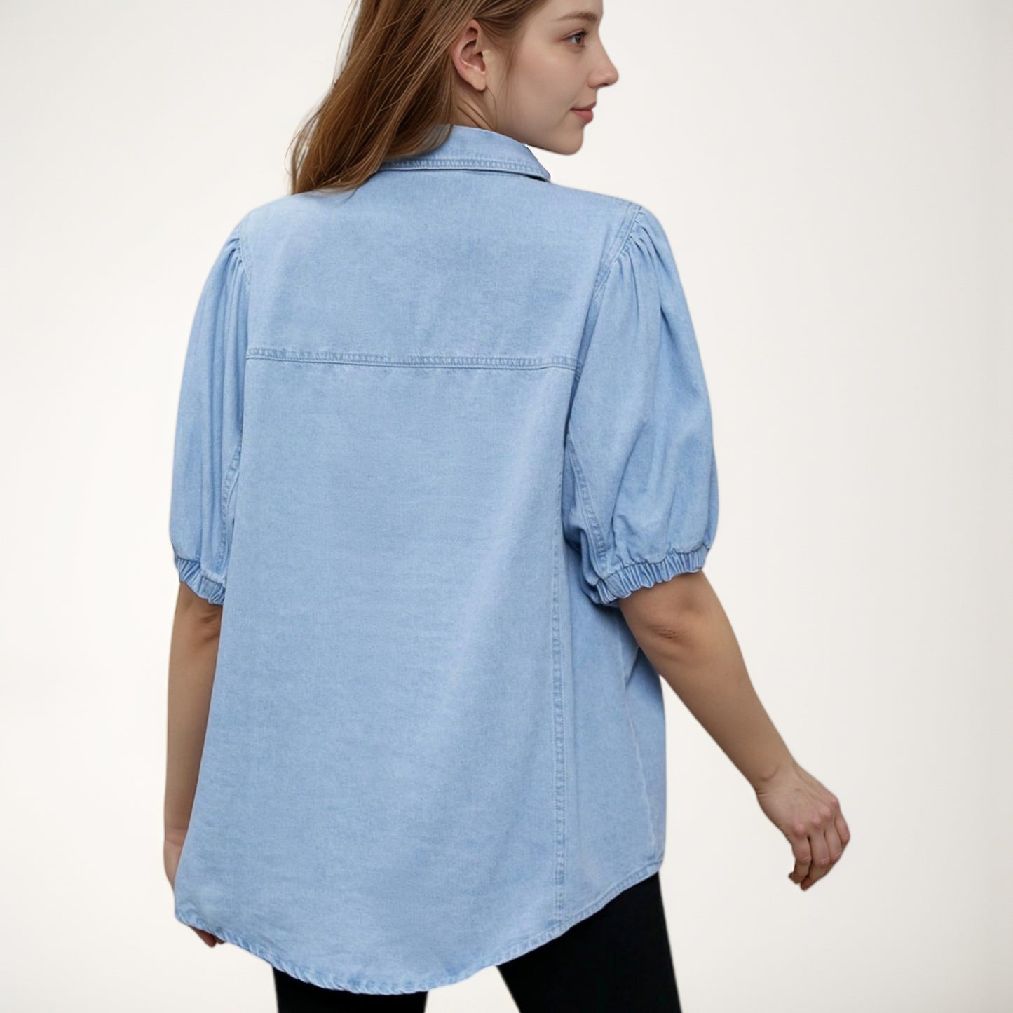 Anna-Kaci Women's Denim Button Down Shirt with Puff Elbow Sleeves and Relaxed Collared Fit