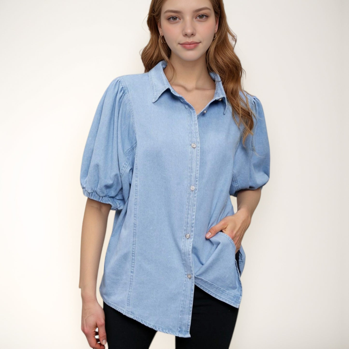 Anna-Kaci Women's Denim Button Down Shirt with Puff Elbow Sleeves and Relaxed Collared Fit