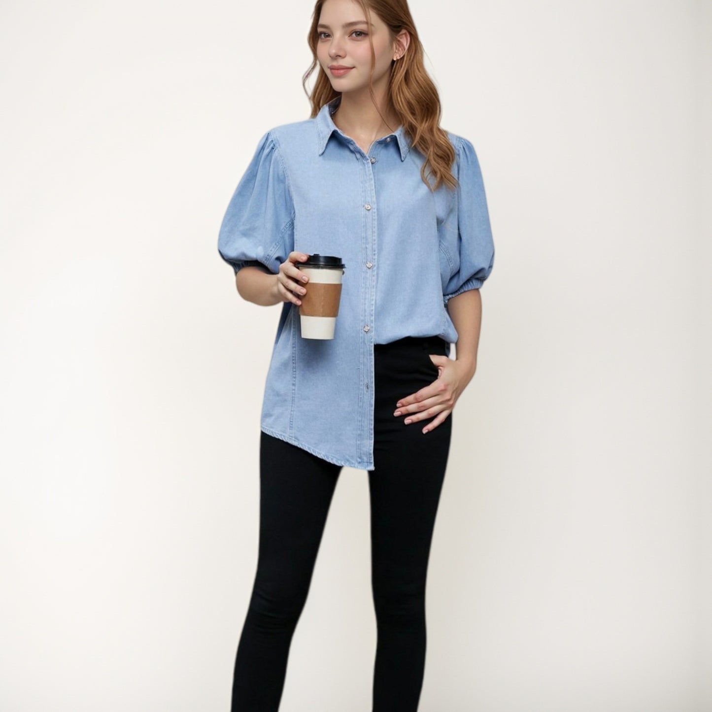 Anna-Kaci Women's Denim Button Down Shirt with Puff Elbow Sleeves and Relaxed Collared Fit