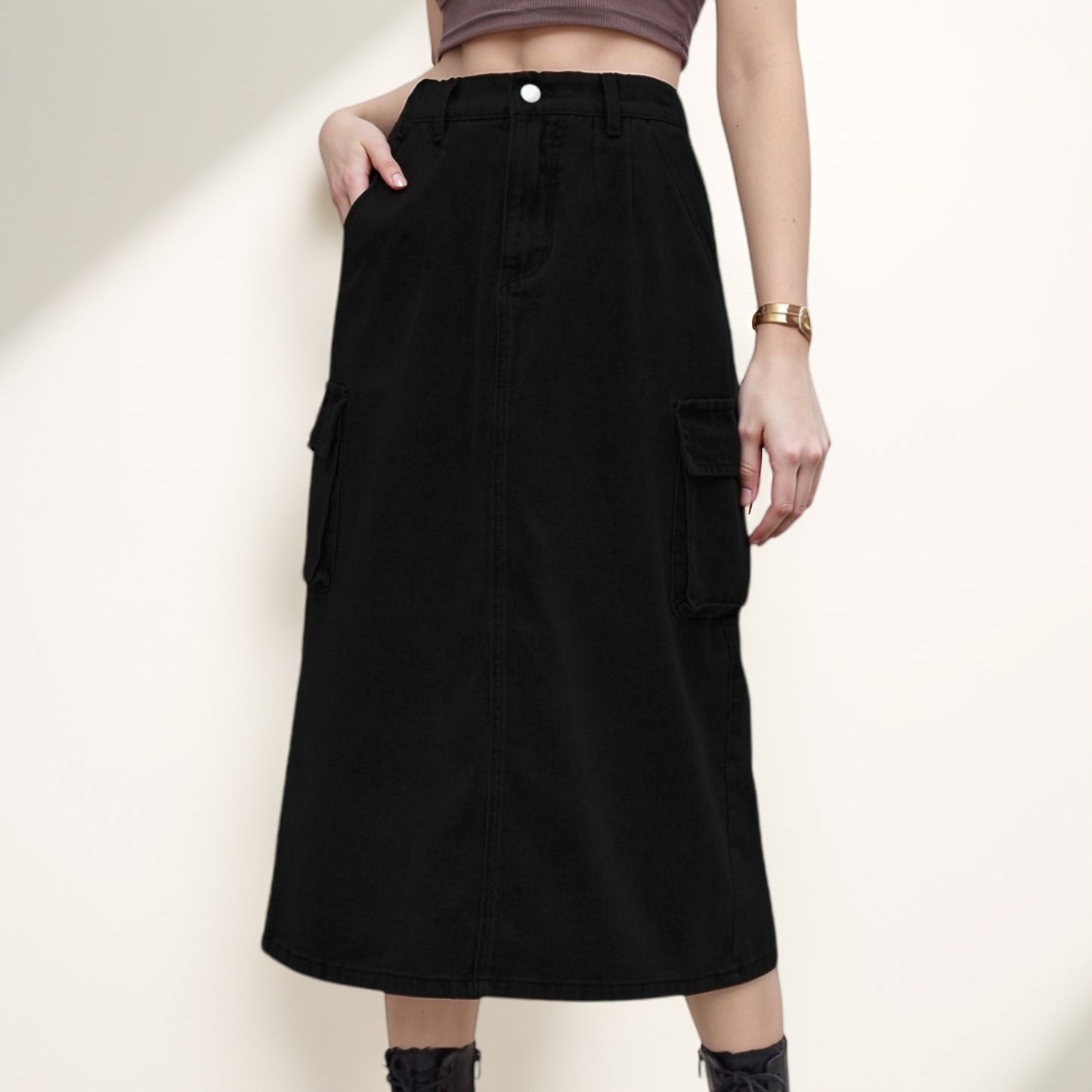 Anna-Kaci Women's Utility Midi Skirt with Side Cargo Pockets Button Waistband and Belt Loops