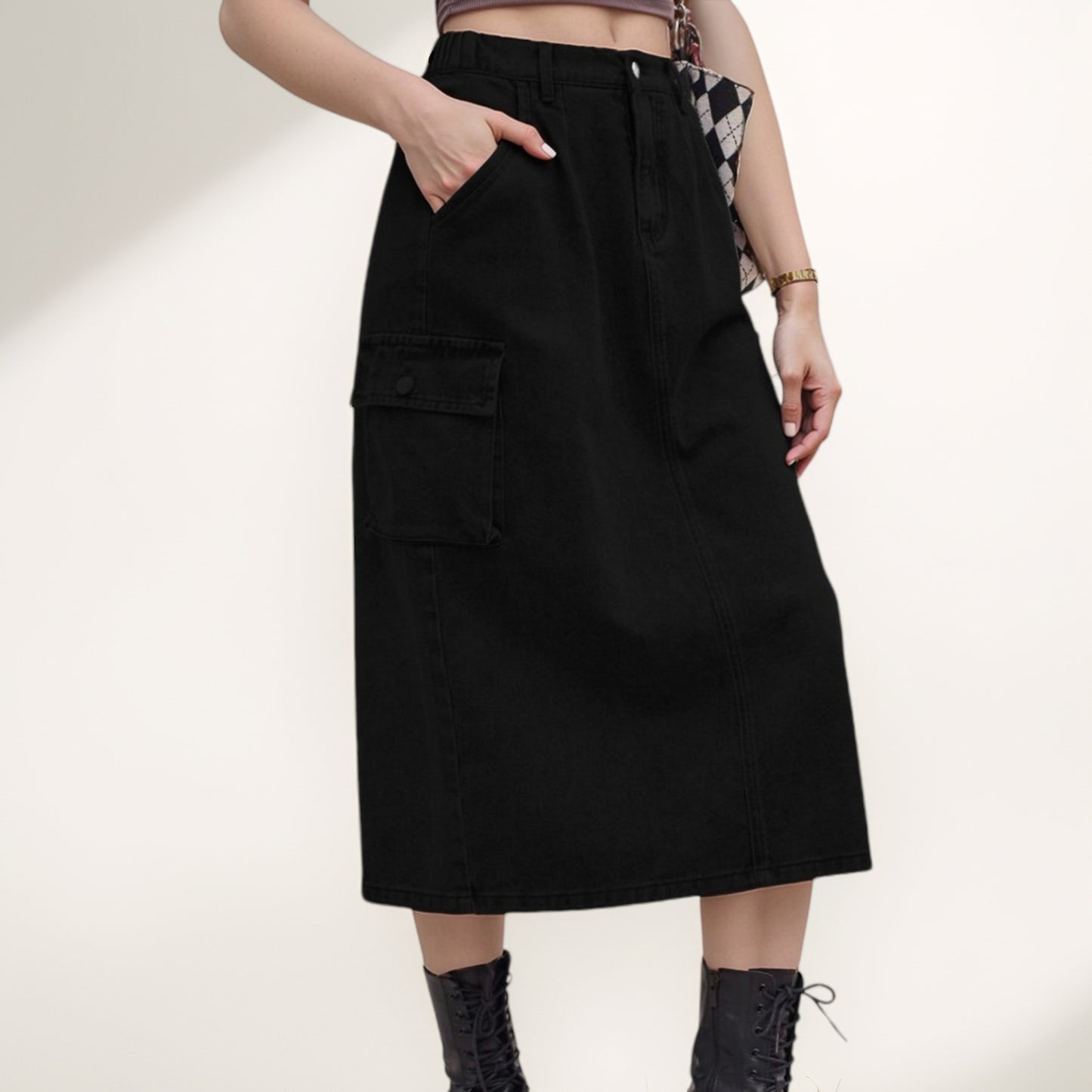 Anna-Kaci Women's Utility Midi Skirt with Side Cargo Pockets Button Waistband and Belt Loops