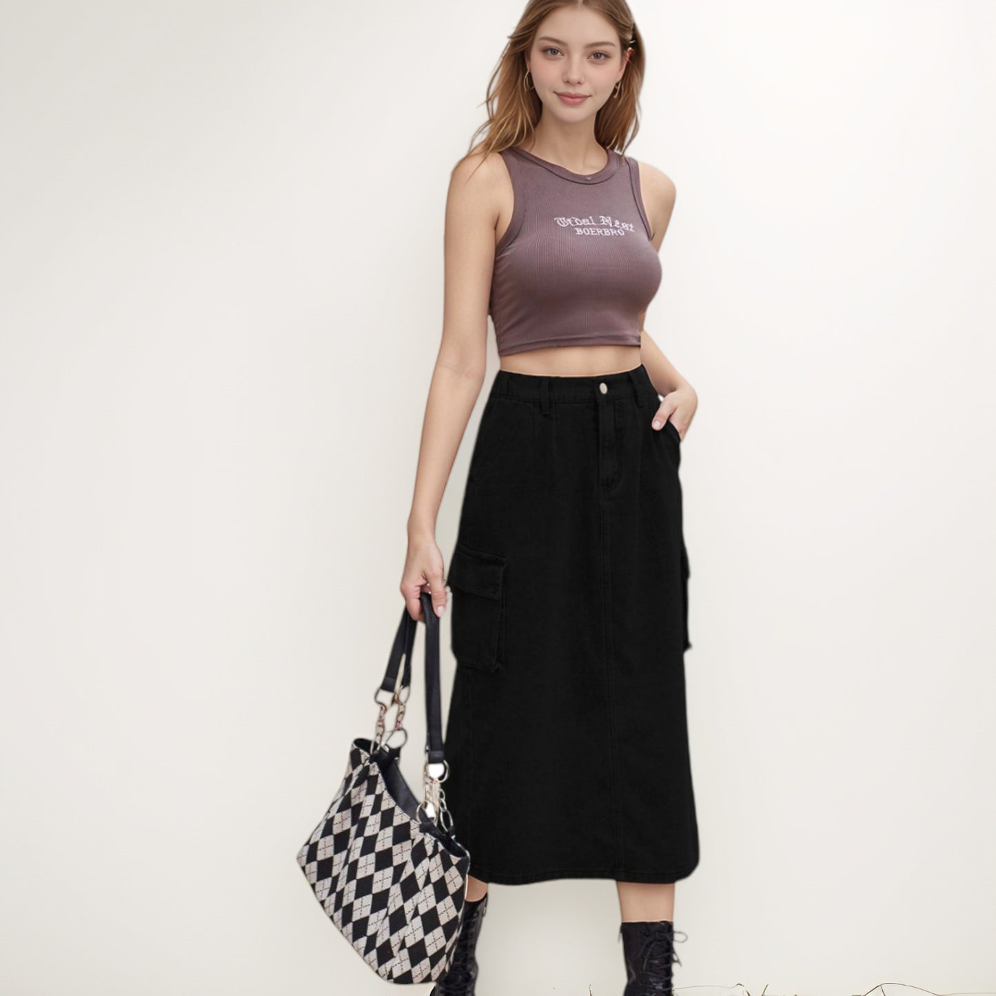 Anna-Kaci Women's Utility Midi Skirt with Side Cargo Pockets Button Waistband and Belt Loops