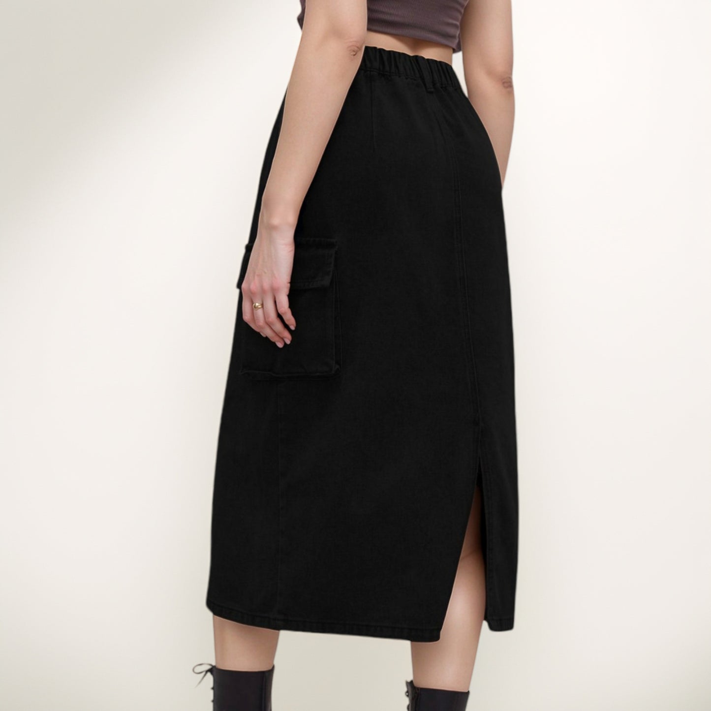 Anna-Kaci Women's Utility Midi Skirt with Side Cargo Pockets Button Waistband and Belt Loops