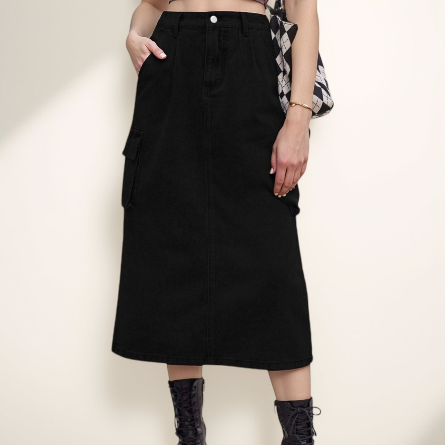 Anna-Kaci Women's Utility Midi Skirt with Side Cargo Pockets Button Waistband and Belt Loops