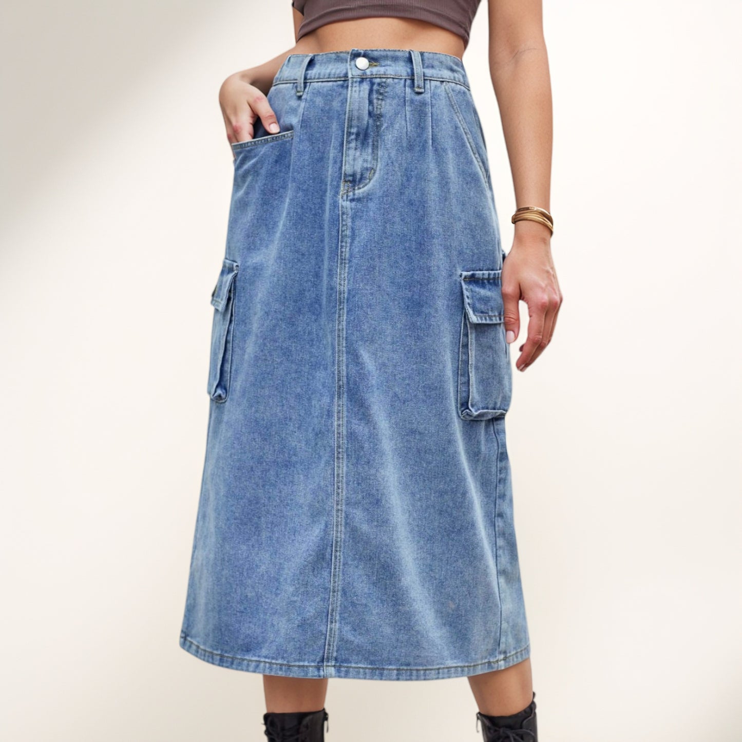 Anna-Kaci Women's Utility Midi Skirt with Side Cargo Pockets Button Waistband and Belt Loops