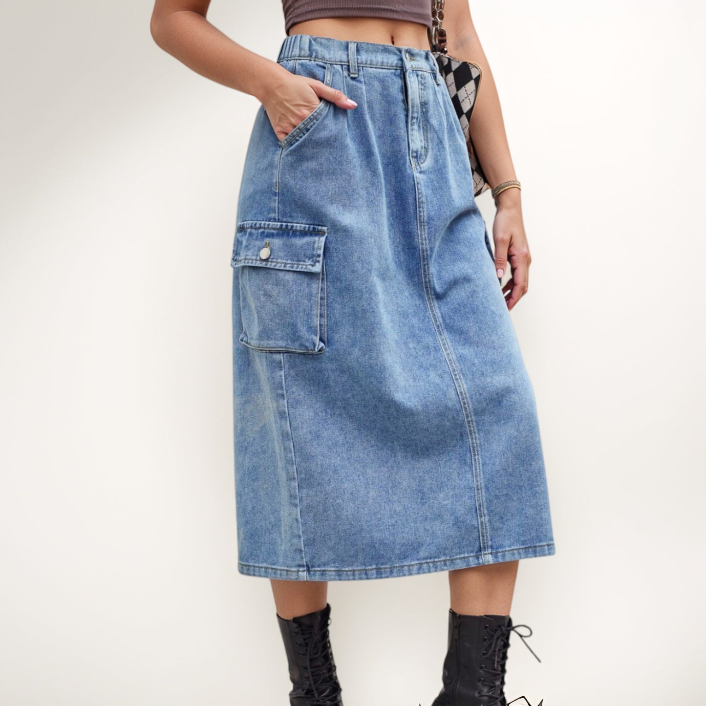 Anna-Kaci Women's Utility Midi Skirt with Side Cargo Pockets Button Waistband and Belt Loops