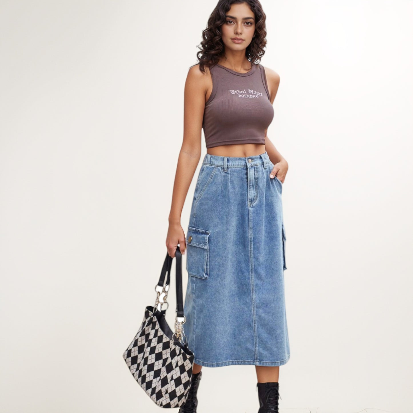 Anna-Kaci Women's Utility Midi Skirt with Side Cargo Pockets Button Waistband and Belt Loops