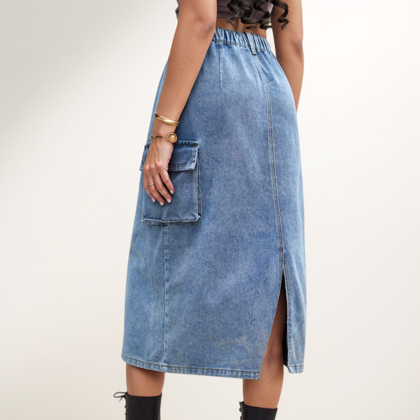 Anna-Kaci Women's Utility Midi Skirt with Side Cargo Pockets Button Waistband and Belt Loops