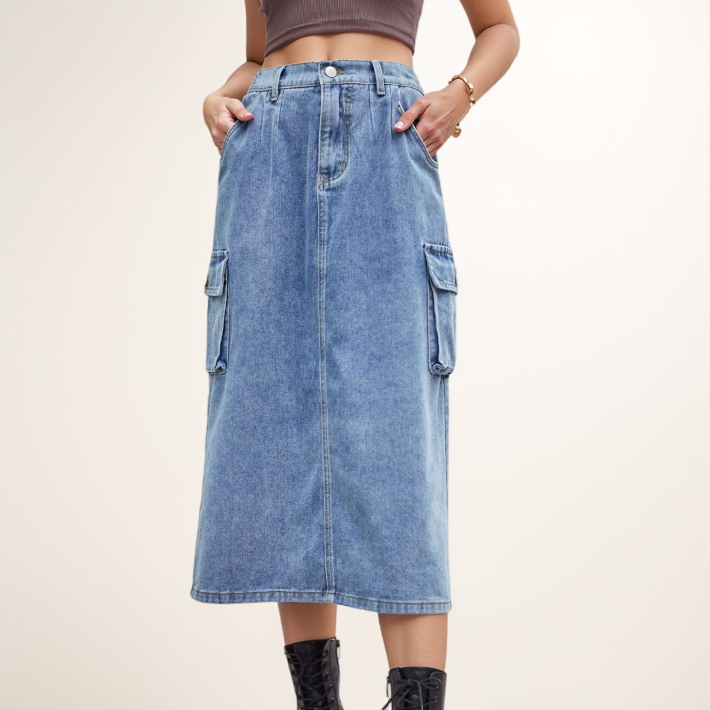 Anna-Kaci Women's Utility Midi Skirt with Side Cargo Pockets Button Waistband and Belt Loops