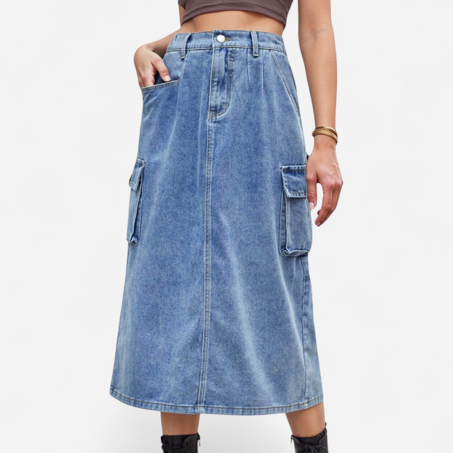 Anna-Kaci Women's Utility Midi Skirt with Side Cargo Pockets Button Waistband and Belt Loops