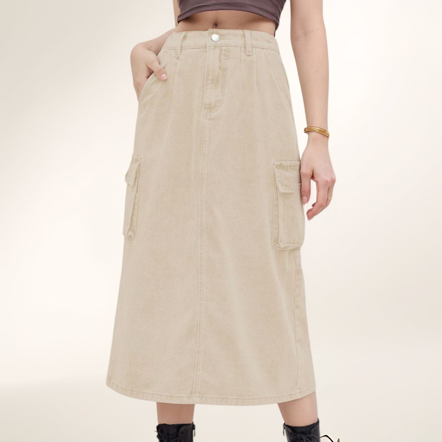 Anna-Kaci Women's Utility Midi Skirt with Side Cargo Pockets Button Waistband and Belt Loops