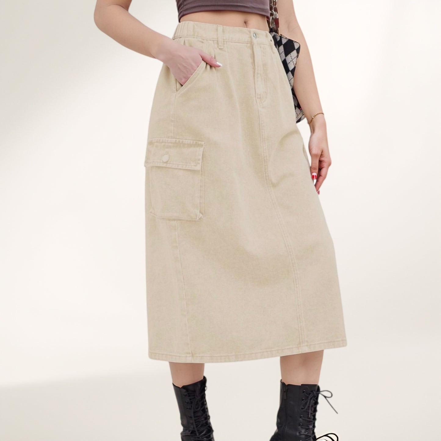 Anna-Kaci Women's Utility Midi Skirt with Side Cargo Pockets Button Waistband and Belt Loops