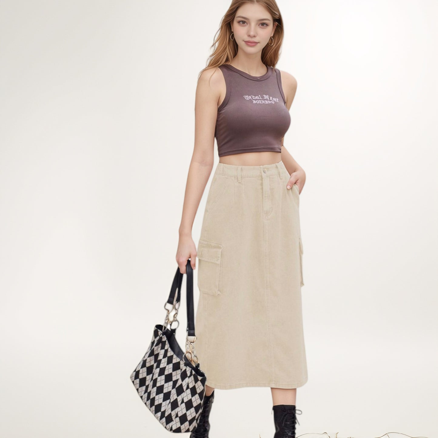 Anna-Kaci Women's Utility Midi Skirt with Side Cargo Pockets Button Waistband and Belt Loops