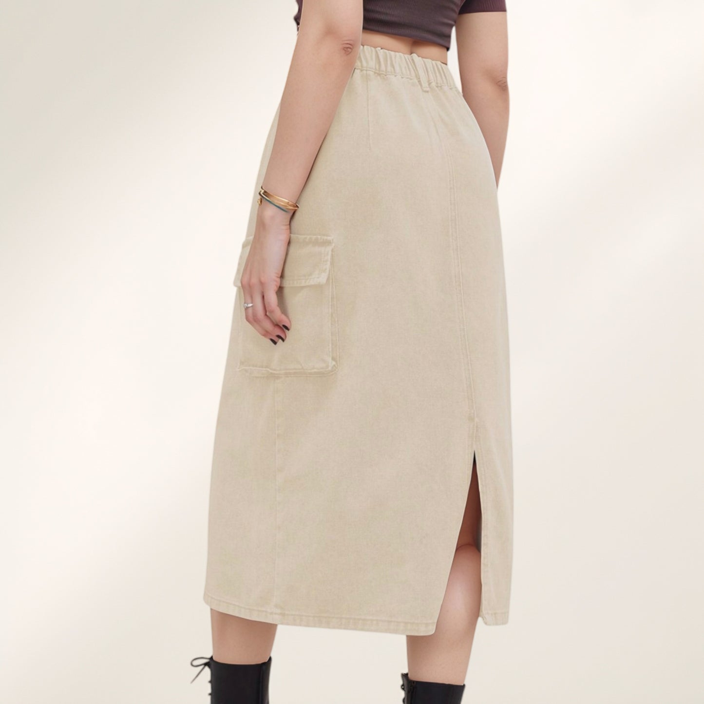 Anna-Kaci Women's Utility Midi Skirt with Side Cargo Pockets Button Waistband and Belt Loops