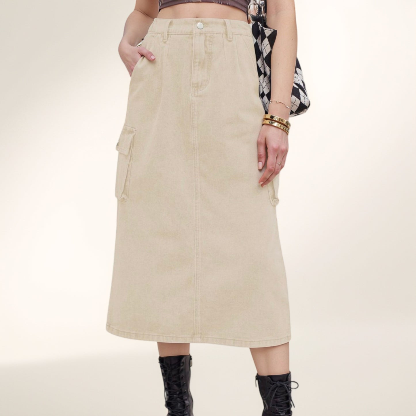 Anna-Kaci Women's Utility Midi Skirt with Side Cargo Pockets Button Waistband and Belt Loops