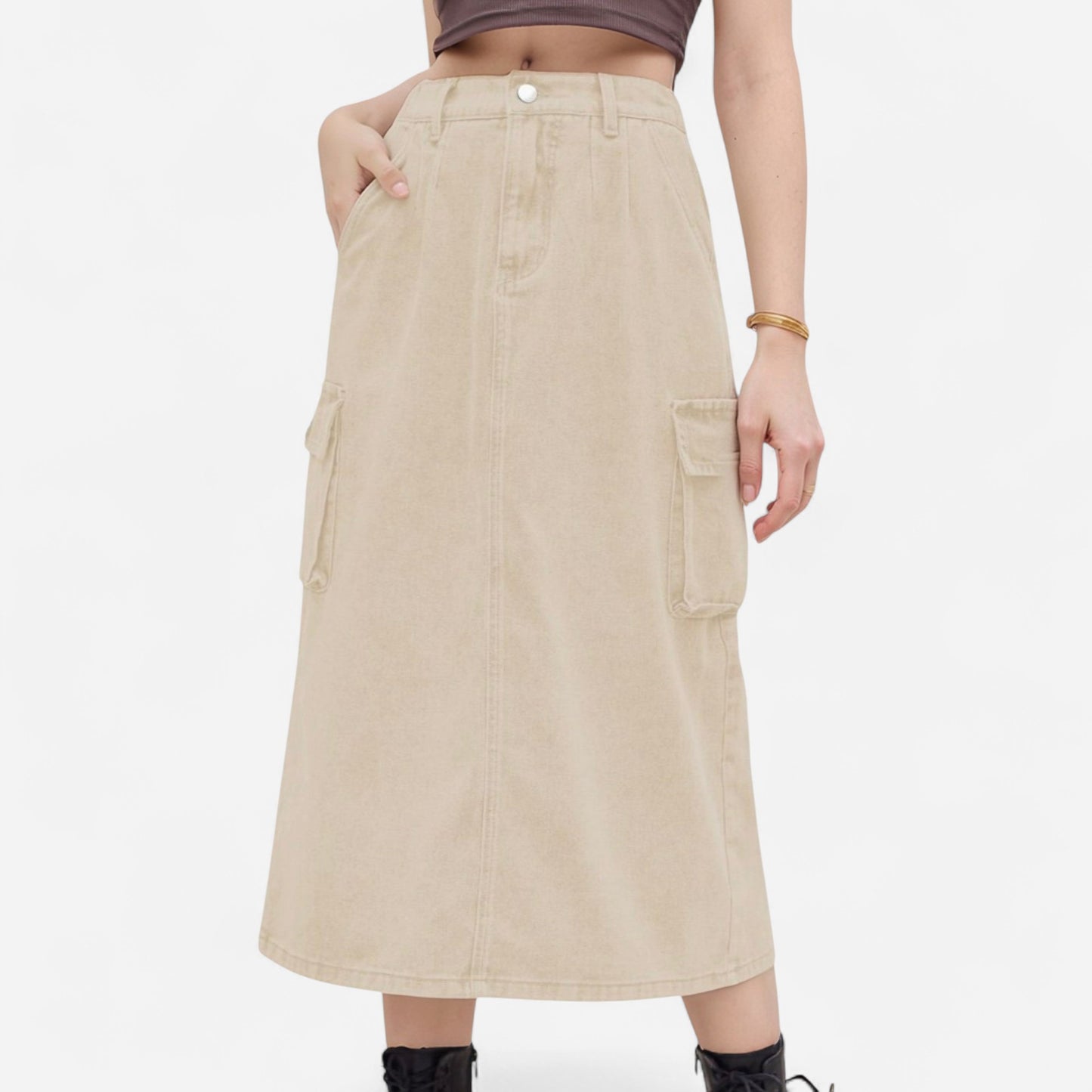 Anna-Kaci Women's Utility Midi Skirt with Side Cargo Pockets Button Waistband and Belt Loops