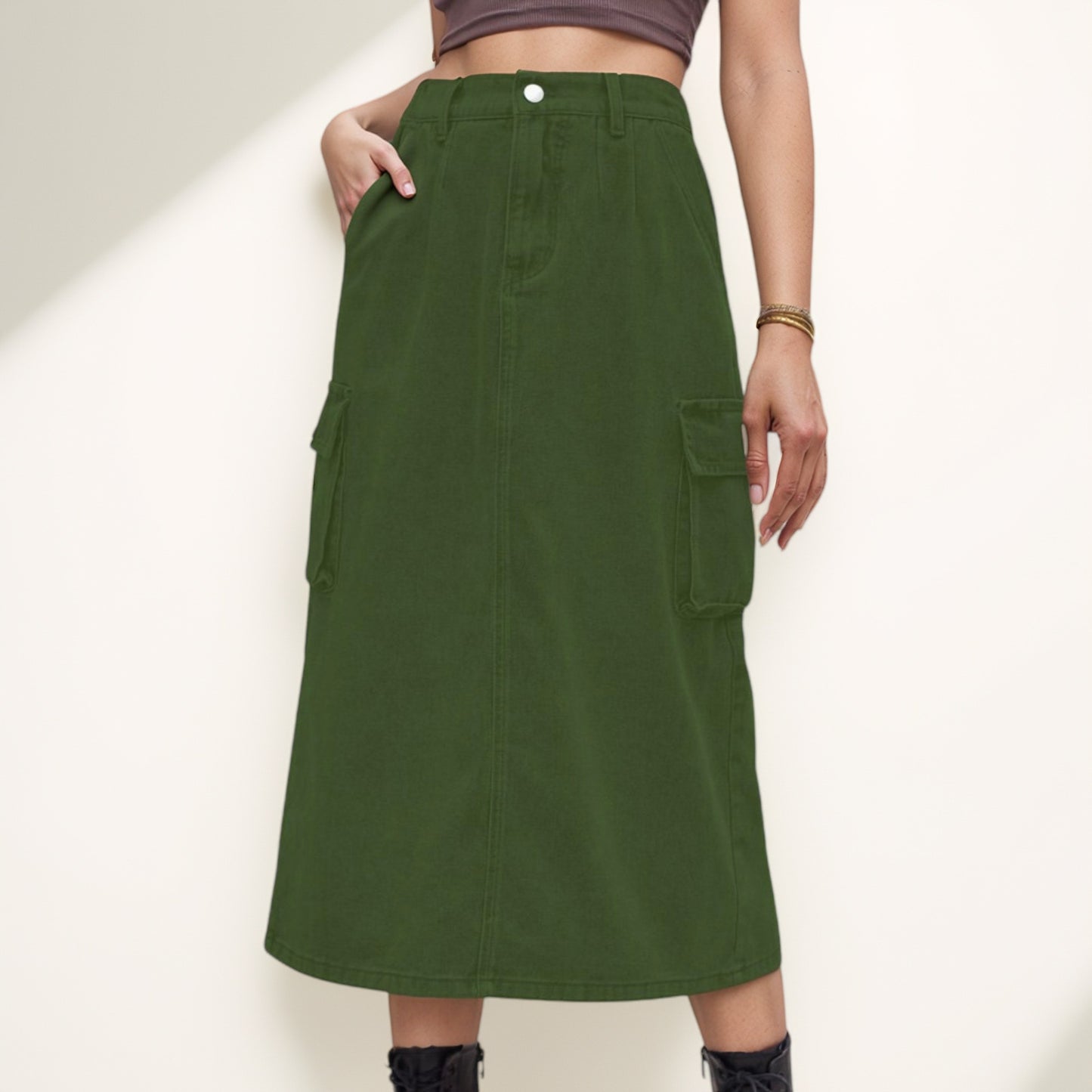 Anna-Kaci Women's Utility Midi Skirt with Side Cargo Pockets Button Waistband and Belt Loops