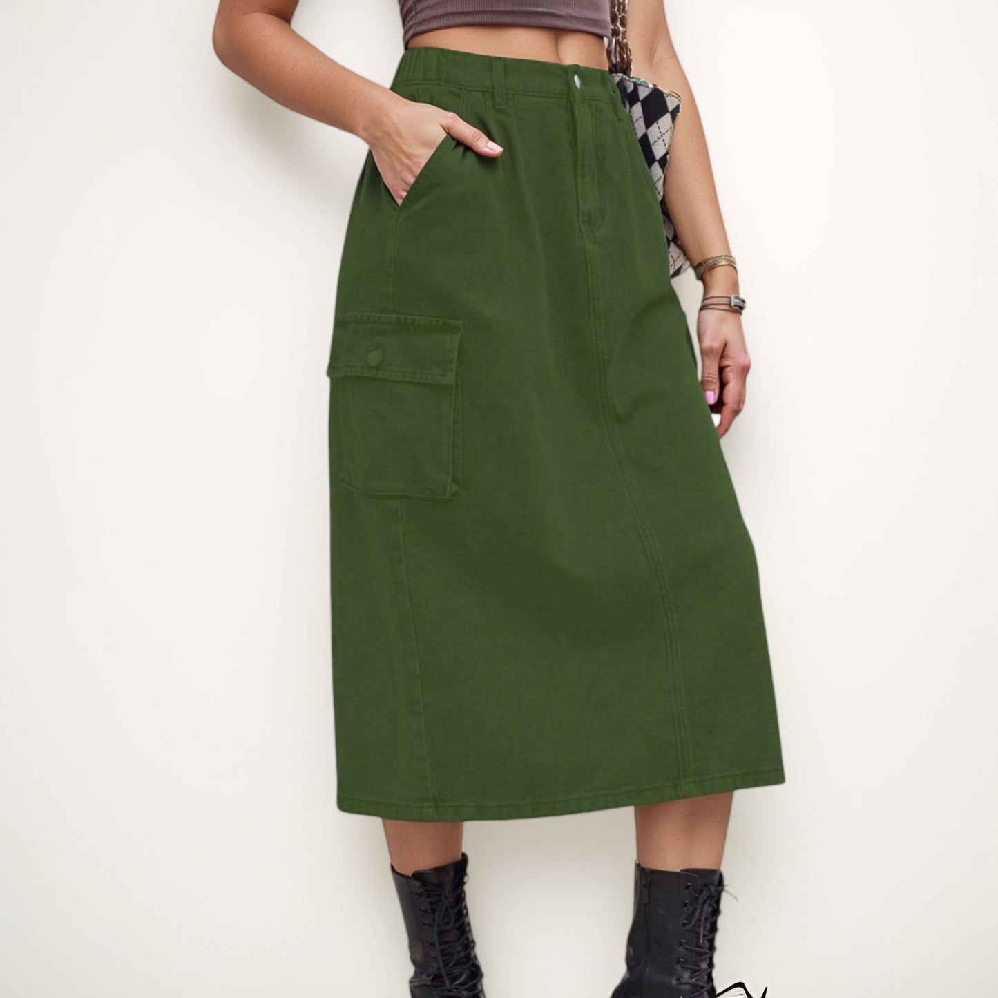 Anna-Kaci Women's Utility Midi Skirt with Side Cargo Pockets Button Waistband and Belt Loops